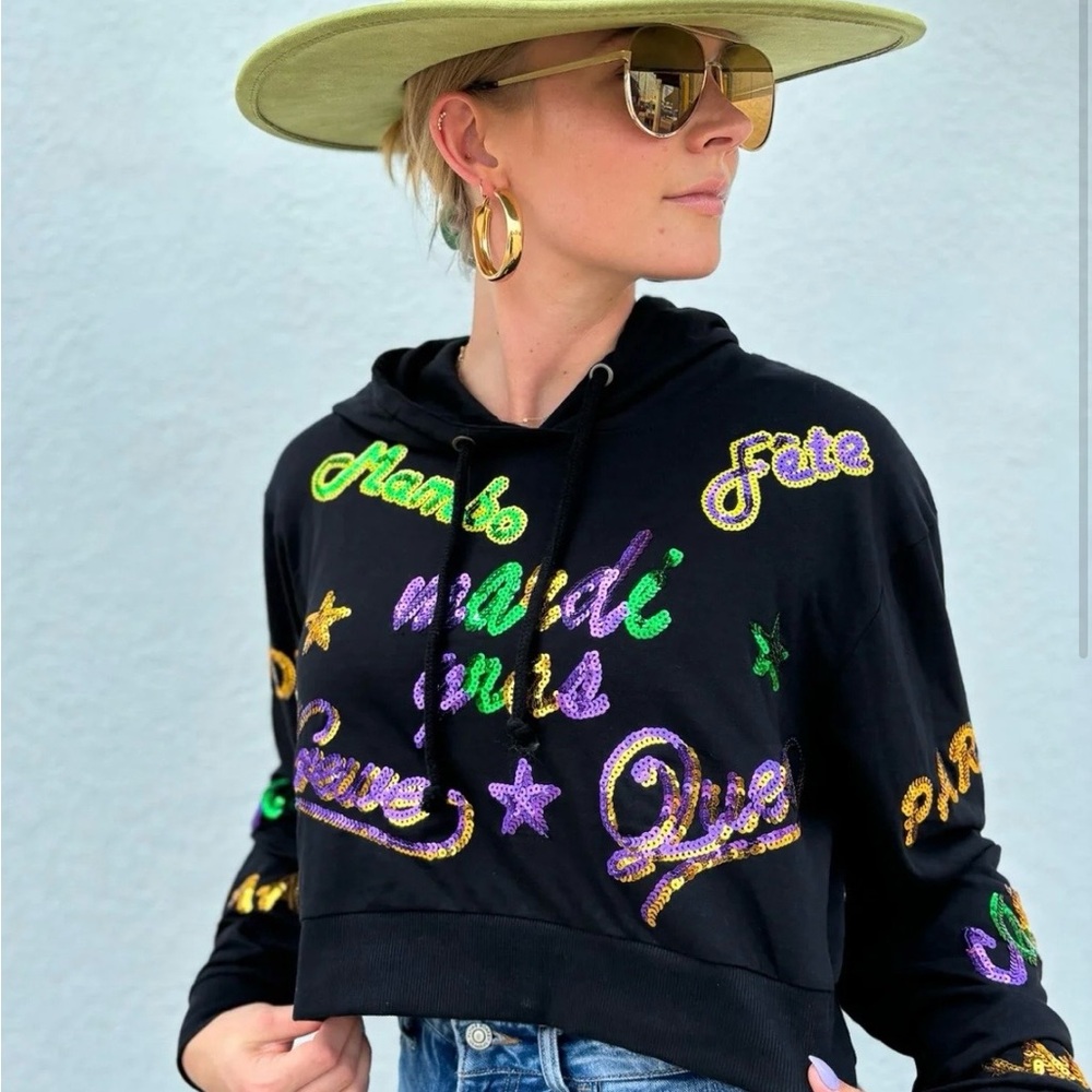 Mardi Gras Black Sequin Script Crop Hoodie